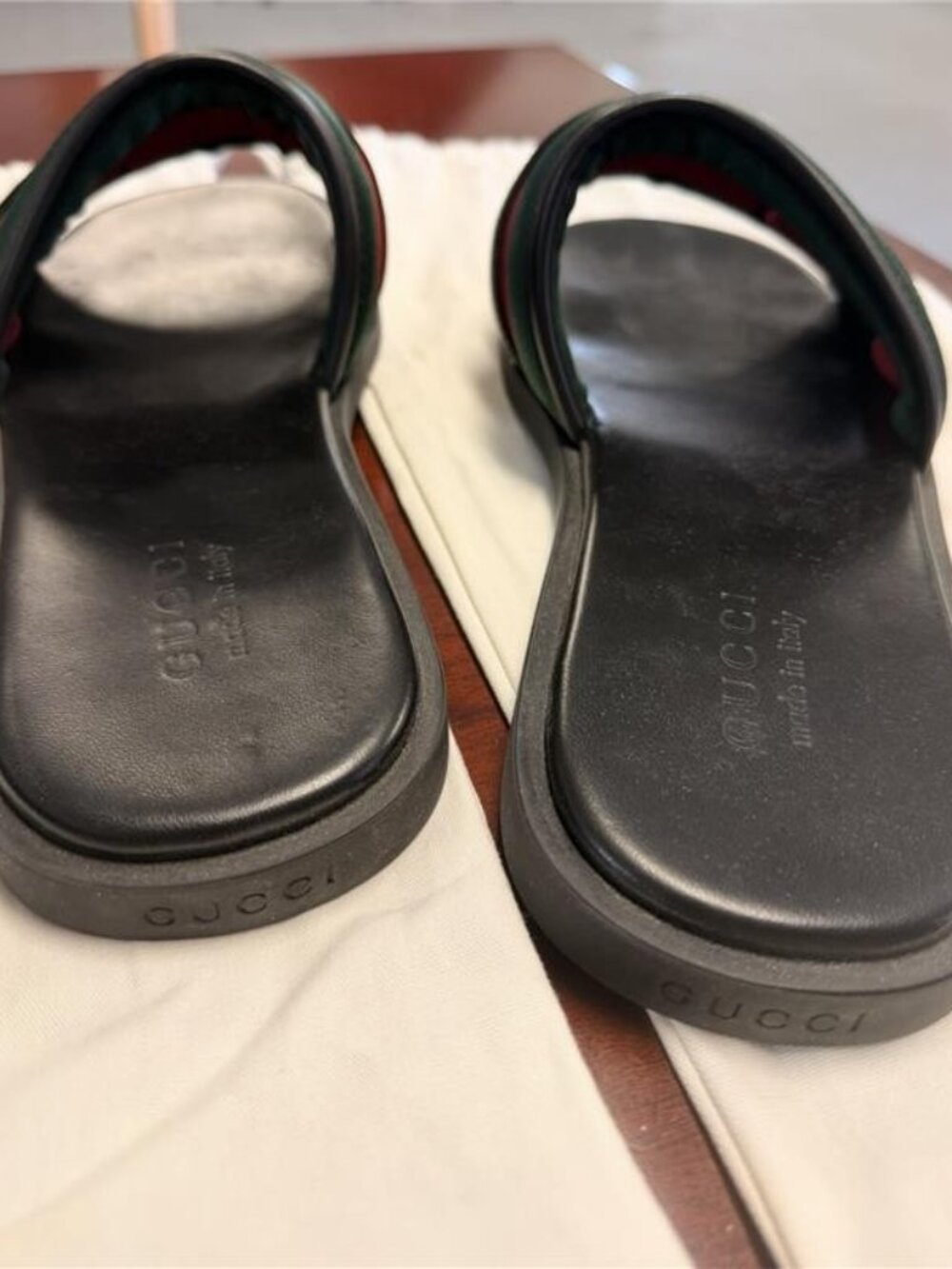 Gucci Men’s Size 11 Web Slide Sandals Black Leather GG Logo Green Red Stripe - Picture 10 of 10